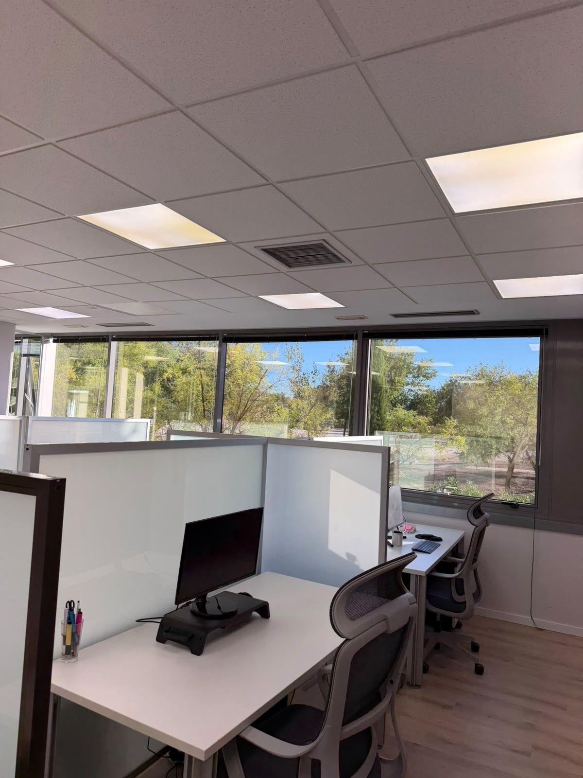 Puestos de coworking con separadores junto a ventanales